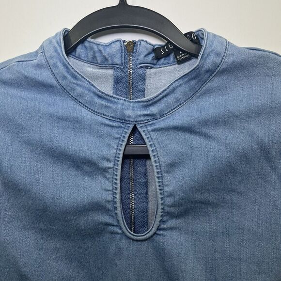 Bodycon Denim Cutout Above Knee Dress Puff Sleeves Size Large - Picture 4 of 7